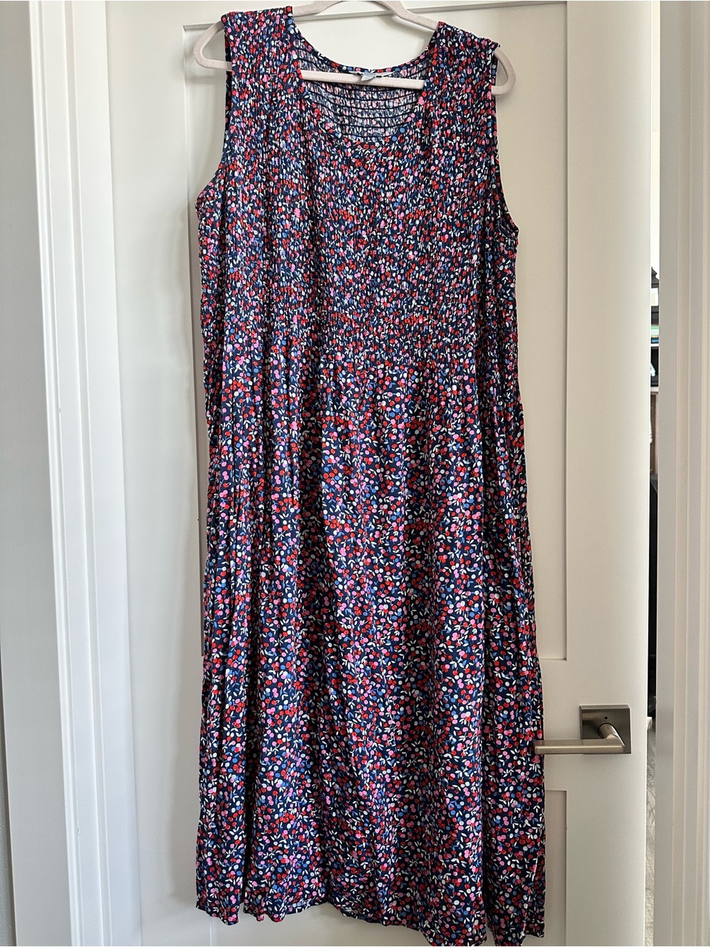 Sleeveless Midi Dress in Navy with Pink & White Ditsy Print